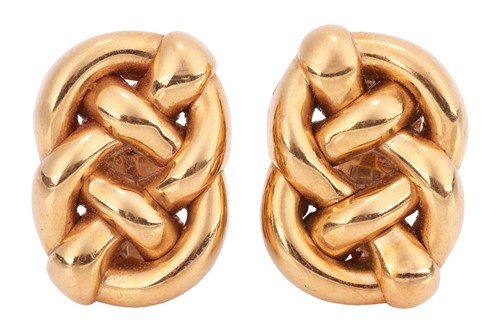 Lot 82 - A pair of double knot earrings, measuring...