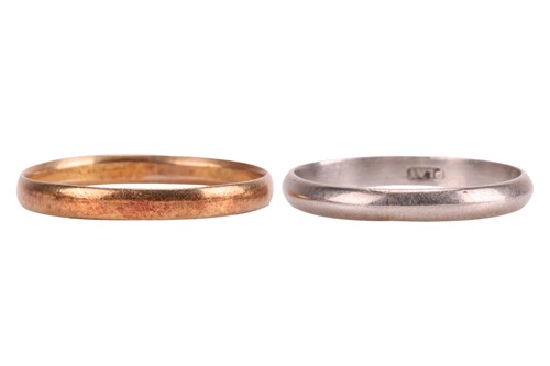 Lot 92 - Two wedding bands; one stamped 'PLAT' in size...