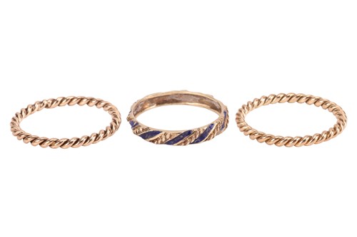Lot 5 - Three stacking rings; to include a 9ct gold...