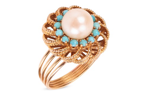 Lot 74 - A cultured pearl and turquoise-set dress ring,...