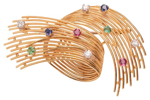 Lot 53 - A gem-set abstract swirl brooch, circa 1960s,...