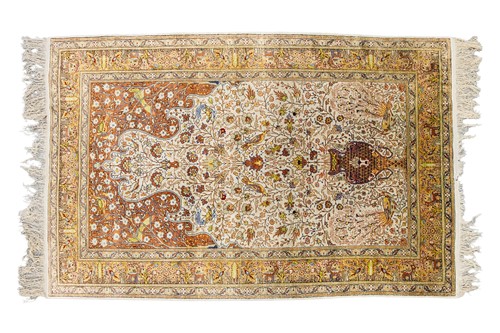 Lot A Qum silk prayer rug, with peacocks, birds,...