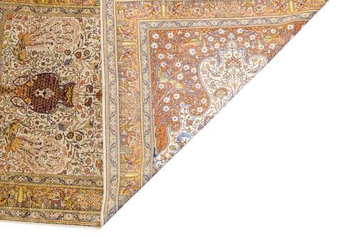 Lot A Qum silk prayer rug, with peacocks, birds,...