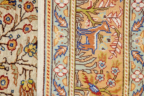 Lot A Qum silk prayer rug, with peacocks, birds,...