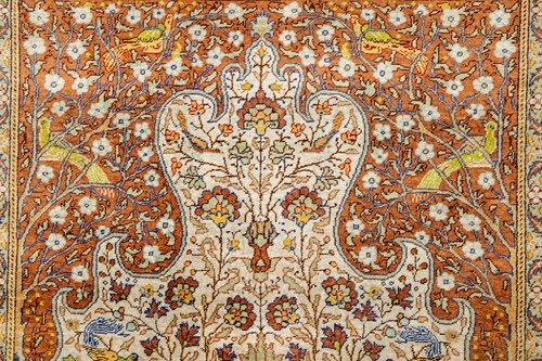 Lot A Qum silk prayer rug, with peacocks, birds,...