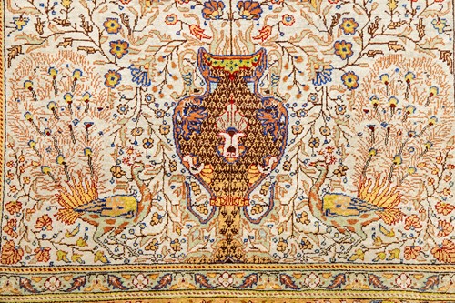Lot A Qum silk prayer rug, with peacocks, birds,...