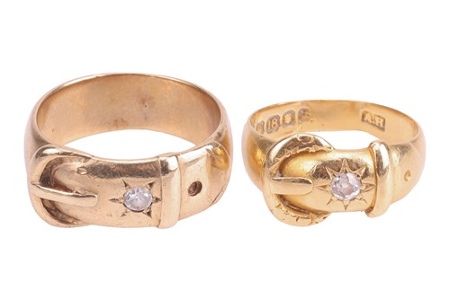 Lot 11 - Two gold buckle rings; the first star-set with...