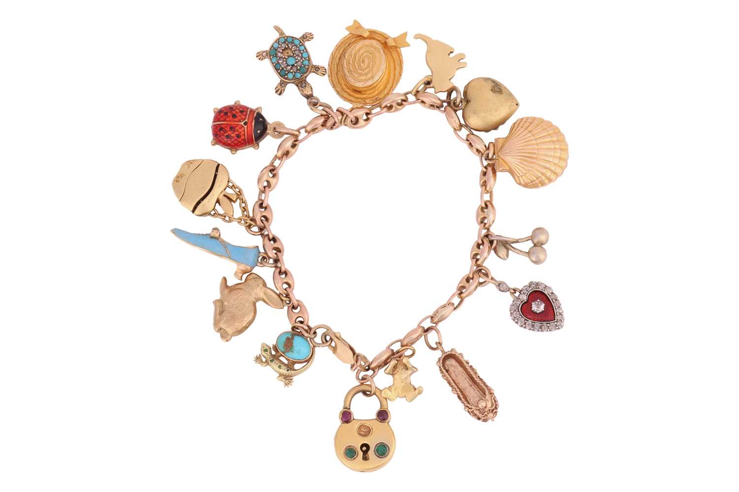 Lot 67 - A charm bracelet, comprising a 9ct gold anchor-...