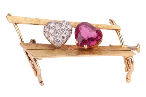 Lot 63 - A gem-set brooch, depicting two hearts on a...