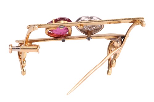 Lot 63 - A gem-set brooch, depicting two hearts on a...