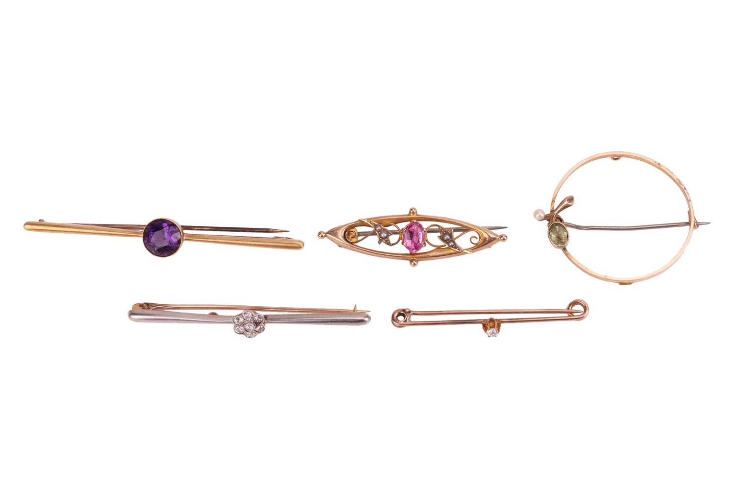 Lot 45 - A collection of five gem-set brooches;...