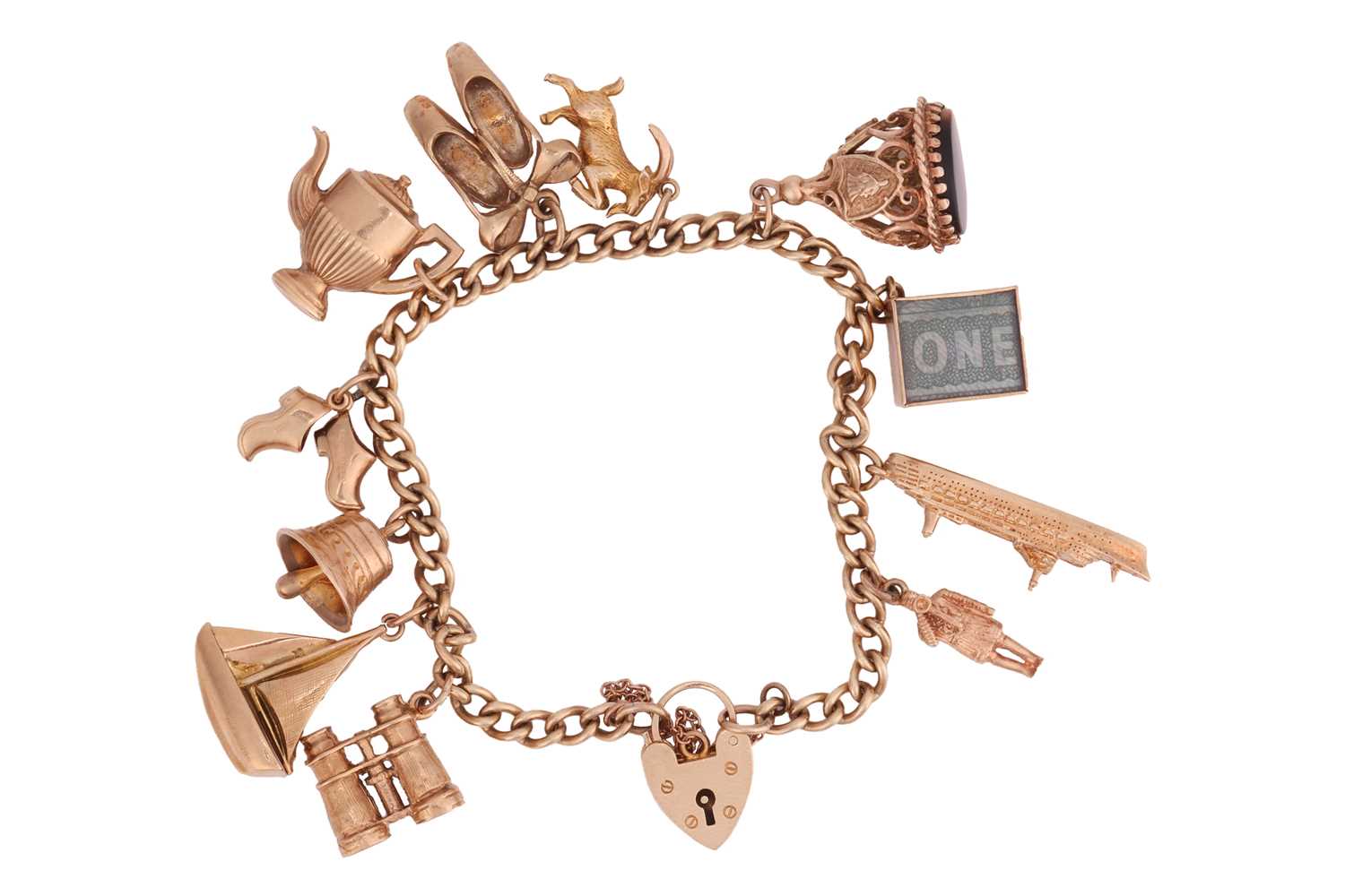 Lot 125 - A 9ct gold charm bracelet, composed of a curb...