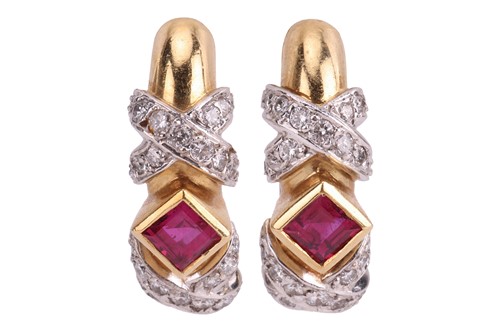 Lot 109 - A pair of gem-set hoop earrings in 18ct gold,...