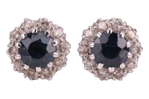 Lot 78 - A pair of sapphire and diamond cluster stud...
