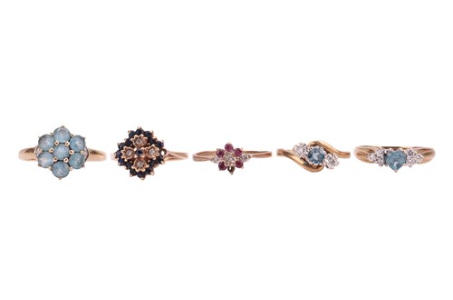 Lot 41 - Five rings; comprising a 9ct gold sapphire and...