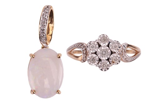 Lot 42 - A precious opal and diamond-set pendant, the...