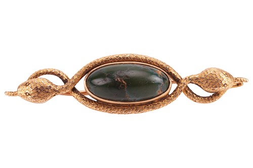 Lot A serpent bar brooch set with turquoise, the...