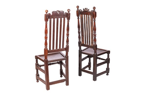 Lot 59 - A near pair of William III oak back-stools,...