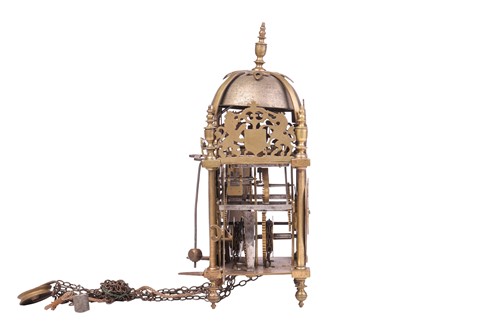 Lot A Charles II 30-hour brass alarm lantern clock,...