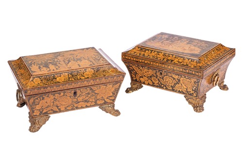 Lot A near pair of Regency penwork sewing boxes,...