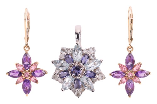 Lot 101 - A gem-set pendant and a pair of earrings; The...