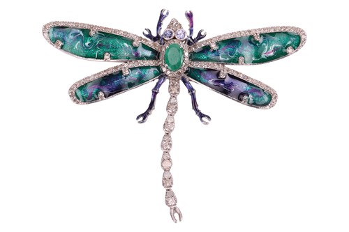 Lot A gem-set enamel dragonfly brooch, the wings...