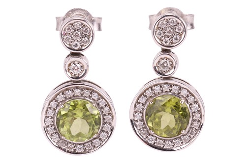 Lot A pair of peridot and diamond drop earrings,...