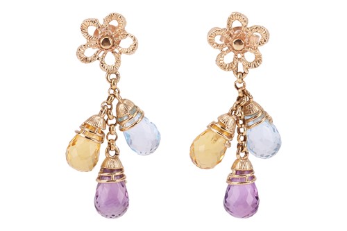 Lot 96 - A pair of multi-gem drop earrings, the...