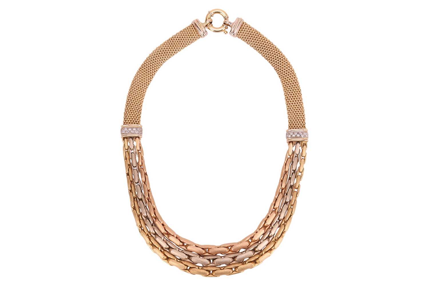 Lot A three-tone fancy chain necklace, comprising...