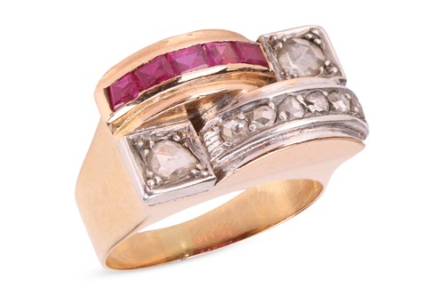 Lot 82 - A synthetic ruby & diamond-set ring, featuring...