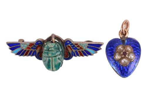 Lot 7 - An enamel heart charm and a enamel scarab...