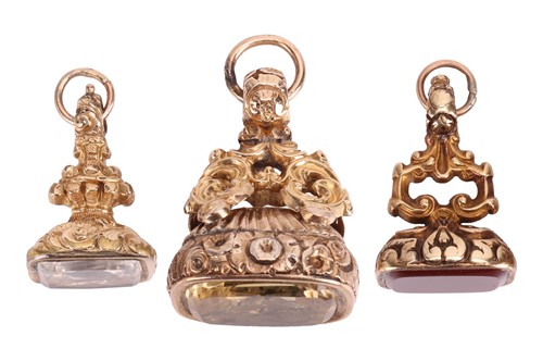 Lot 4 - Three fob seals with vacant hardstone panels;...