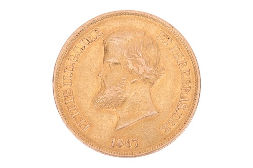 Lot 143 - A 10,000 Brazil 1867 Reis coin, featuring...
