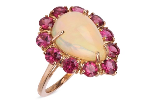 Lot 75 - An opal and rubellite cluster ring in 9ct gold,...
