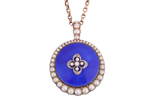 Lot 6 - An enamel and pearl pendant on chain, the...