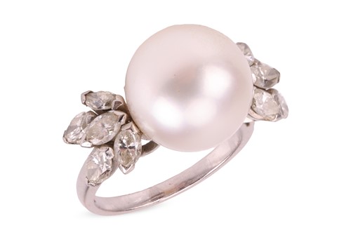 Lot 251 - A cultured pearl and diamond cocktail ring,...