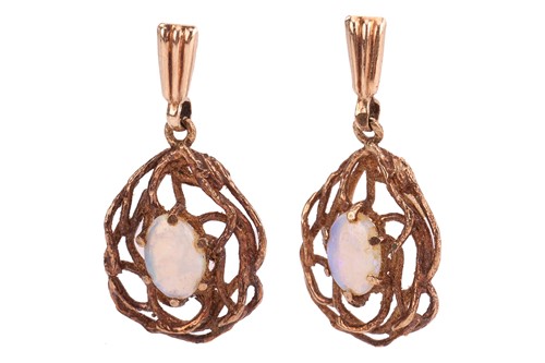 Lot 76 - A pair of opal drop earrings in 9ct yellow...