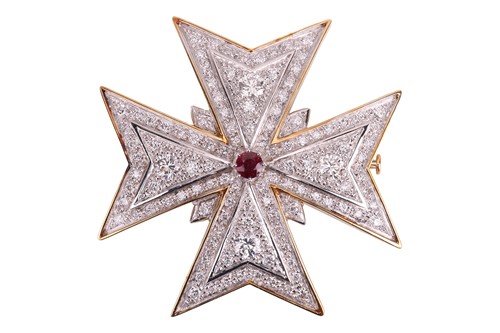 Lot 113 - A diamond and ruby-set Maltese cross brooch,...