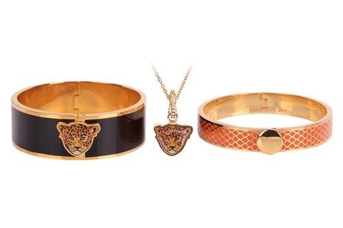Lot 48 - A collection of two enamel bangles and a...