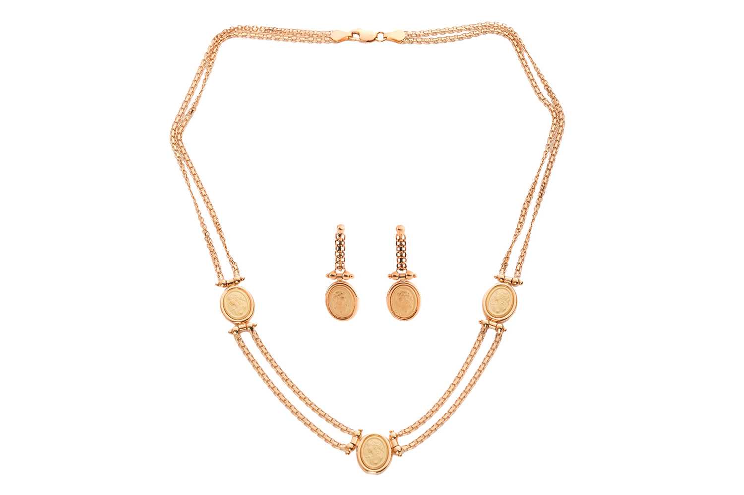 Lot A necklace and earring suite, the double row...