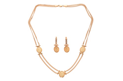Lot A necklace and earring suite, the double row...