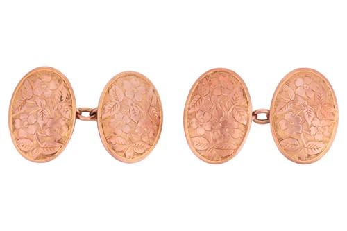 Lot A pair of 9ct gold cufflinks, each oval plaque...