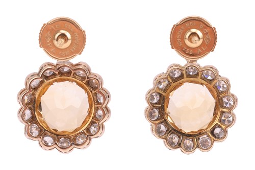 Lot 133 - A pair of citrine and diamond drop earrings,...