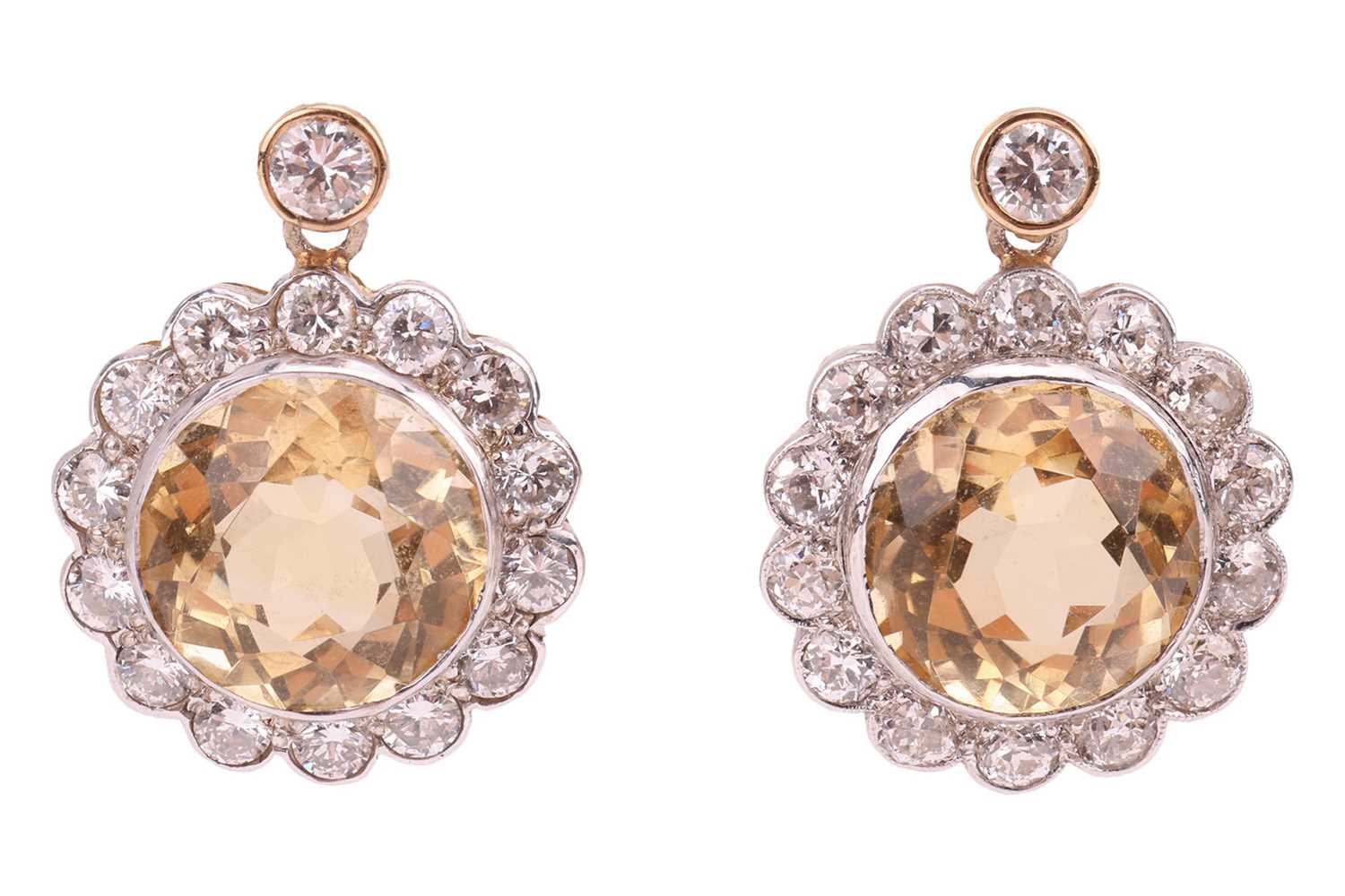 Lot 133 - A pair of citrine and diamond drop earrings,...