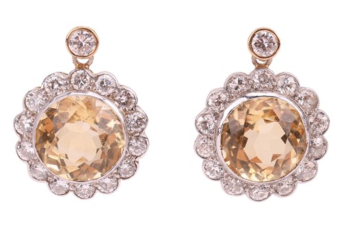 Lot A pair of citrine and diamond drop earrings,...