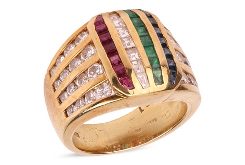 Lot 176 - A diamond, ruby, sapphire & emerald set dress...