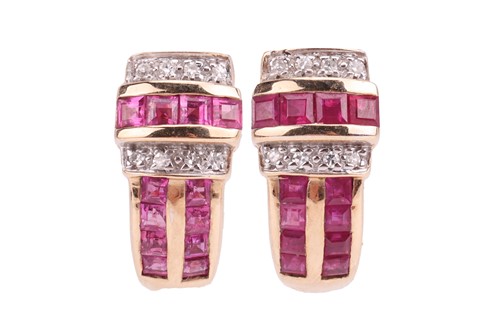 Lot 196 - A pair of ruby and diamond-set huggie earrings,...