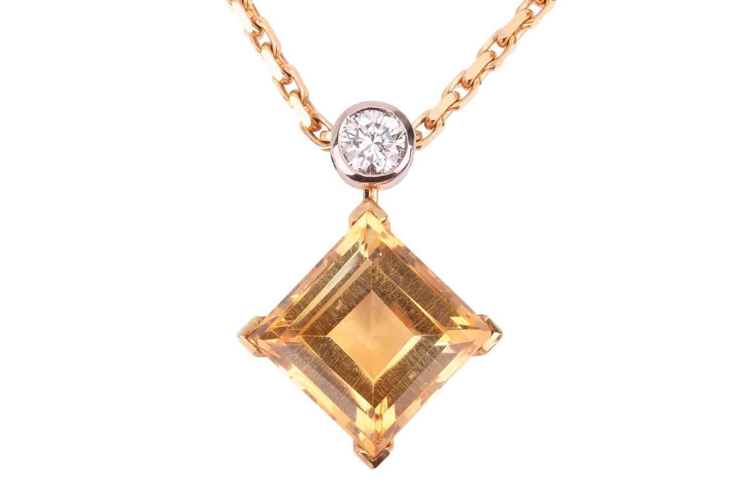 Lot A citrine and diamond pendant on chain, corner...