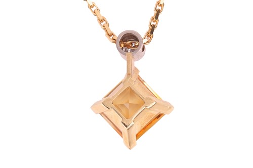 Lot A citrine and diamond pendant on chain, corner...