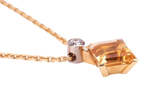 Lot A citrine and diamond pendant on chain, corner...